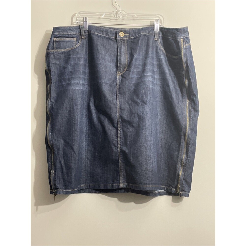 Ashley Stewart 24W Dark Wash Denim Jean Skirt Double Zip Side Stretch Plus Size